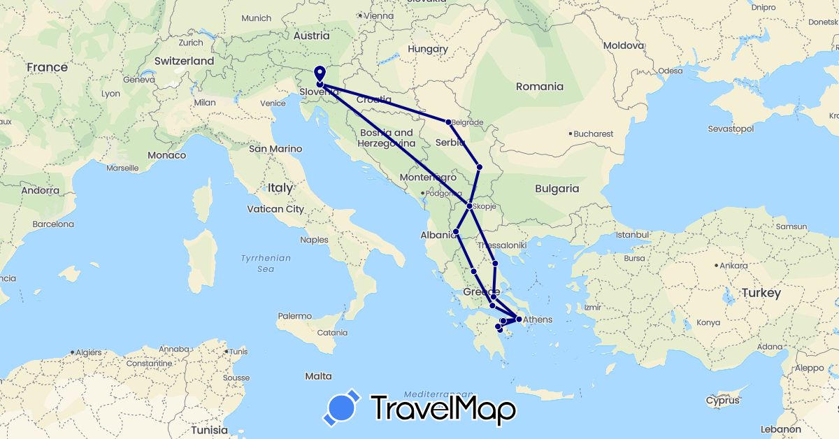 TravelMap itinerary: driving in Greece, Macedonia, Serbia, Slovenia (Europe)