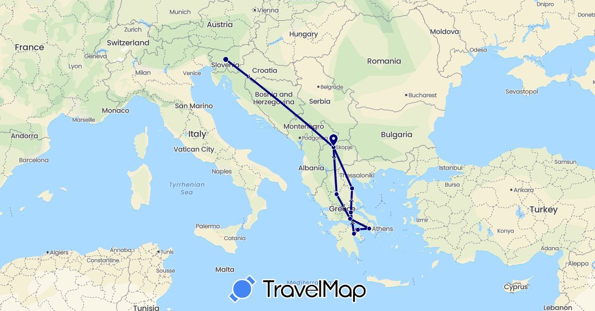 TravelMap itinerary: driving in Greece, Macedonia, Slovenia (Europe)